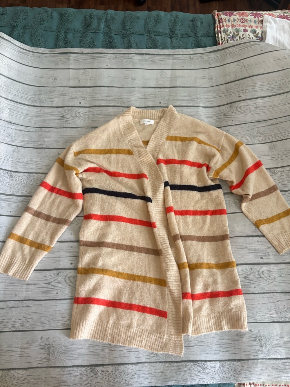 Beige Striped Open-Front Women's Sweater Cardigan
